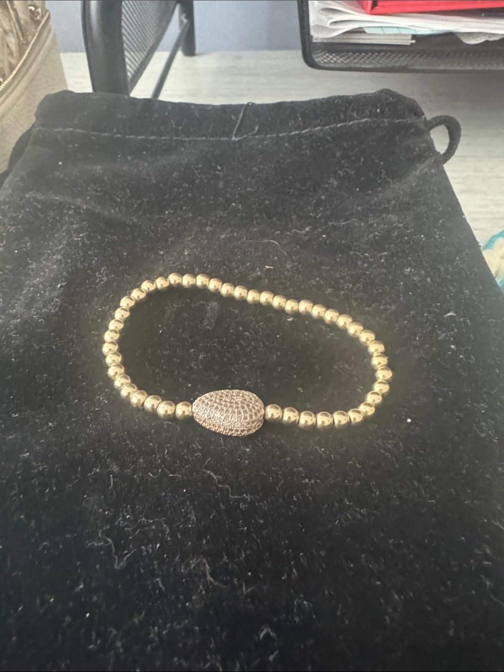 Gold-Tone Beaded Stretch Bracelet with Pavé Oval Accent
